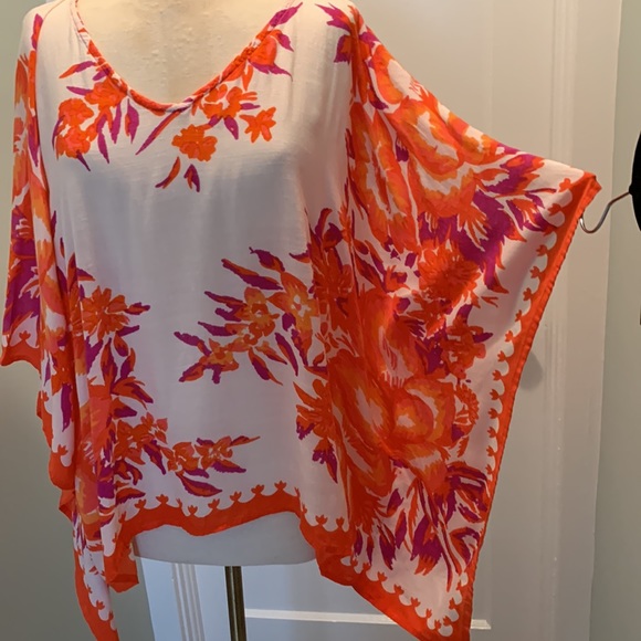 Orange Purple Summer Tropical Hawaiian Floral Poncho Top Missy O/S fits most - Picture 3 of 8